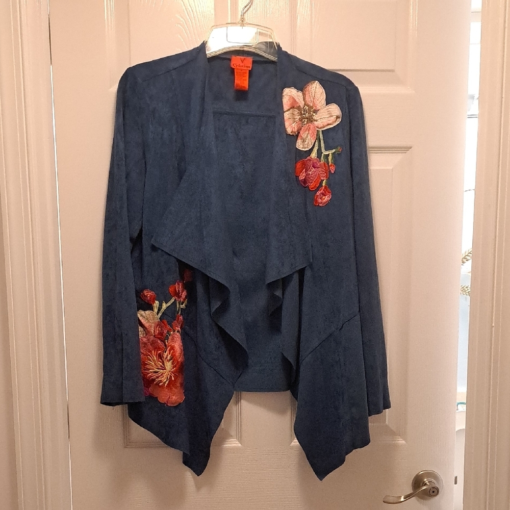 Blue Floral Embroidered Open Cardigan